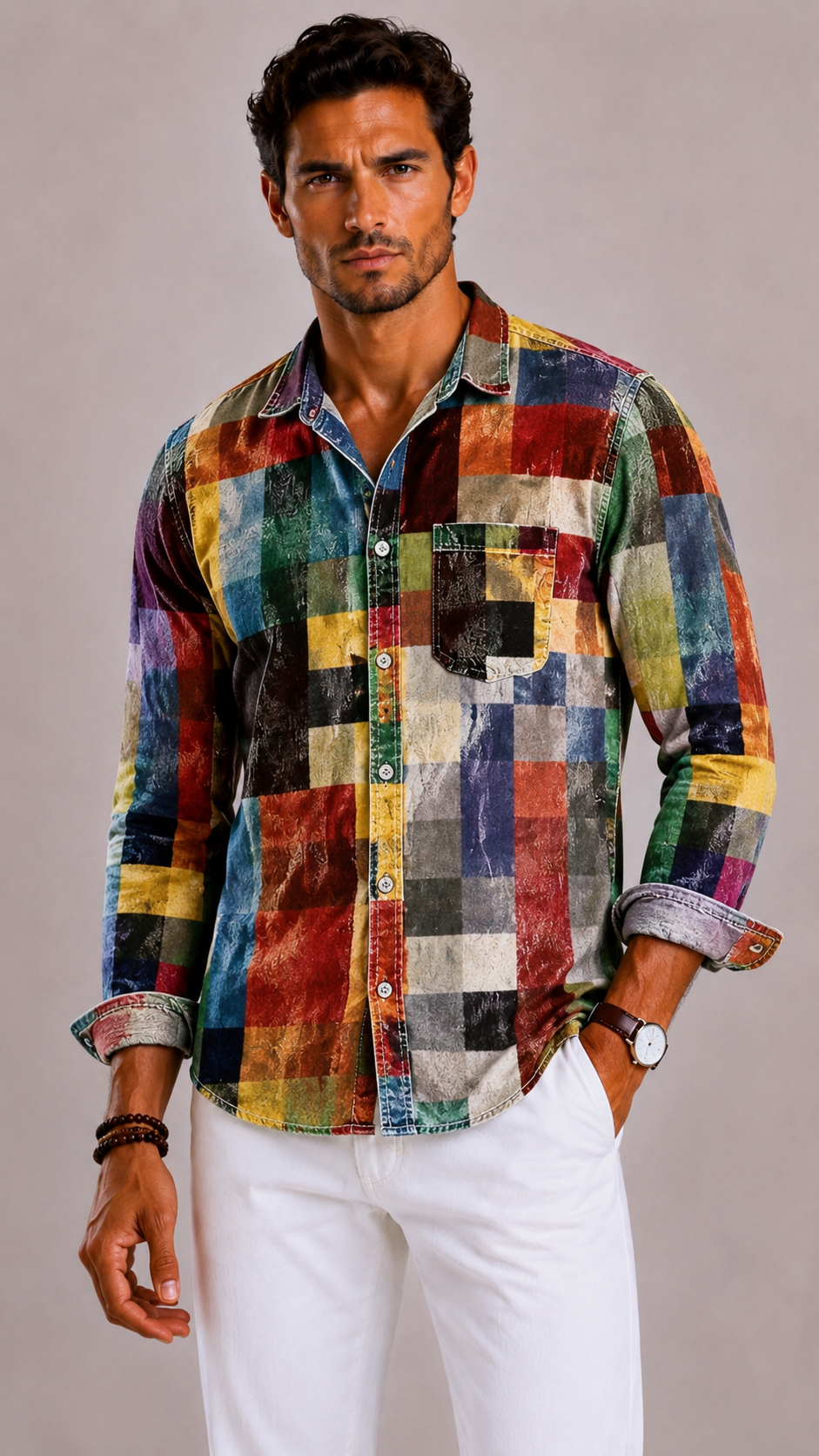 Men's Patchwork Shirt with Long Sleeves and Patchwork Pattern