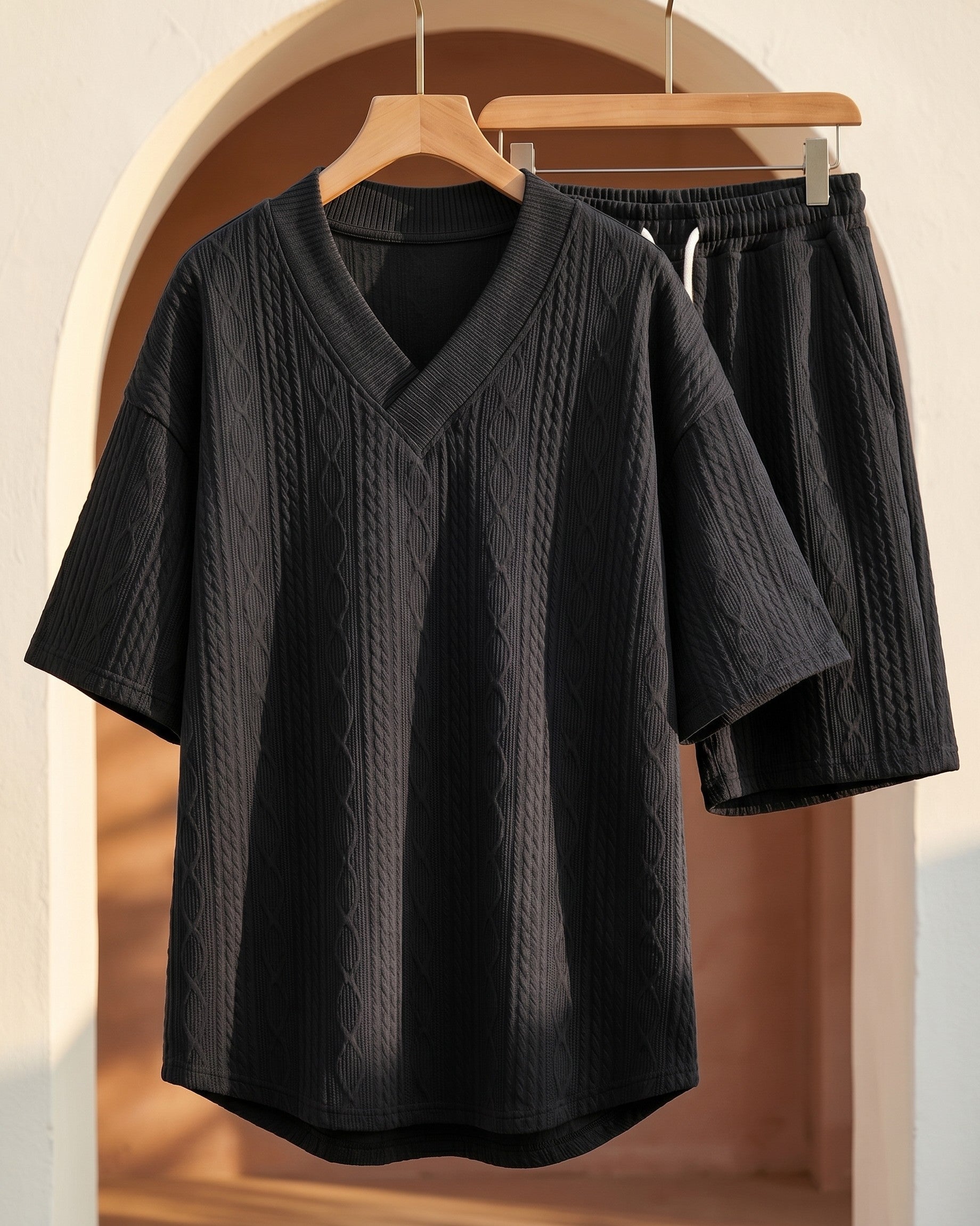Knitted set with V-neck and shorts for men