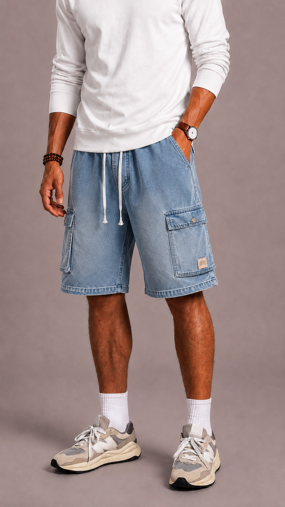 Men's Denim Cargo Shorts with Elastic Waistband