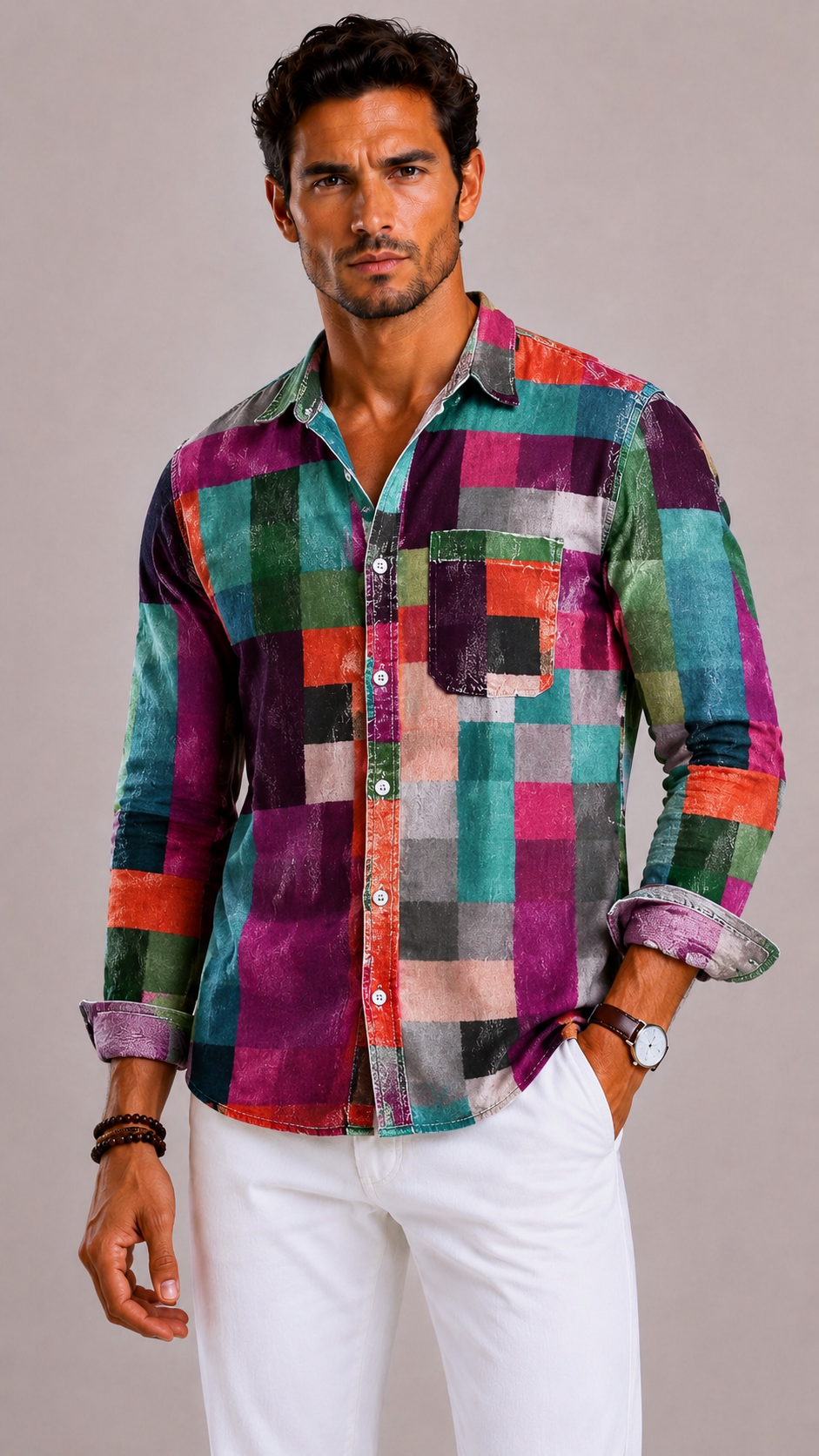 Men's Patchwork Shirt with Long Sleeves and Patchwork Pattern