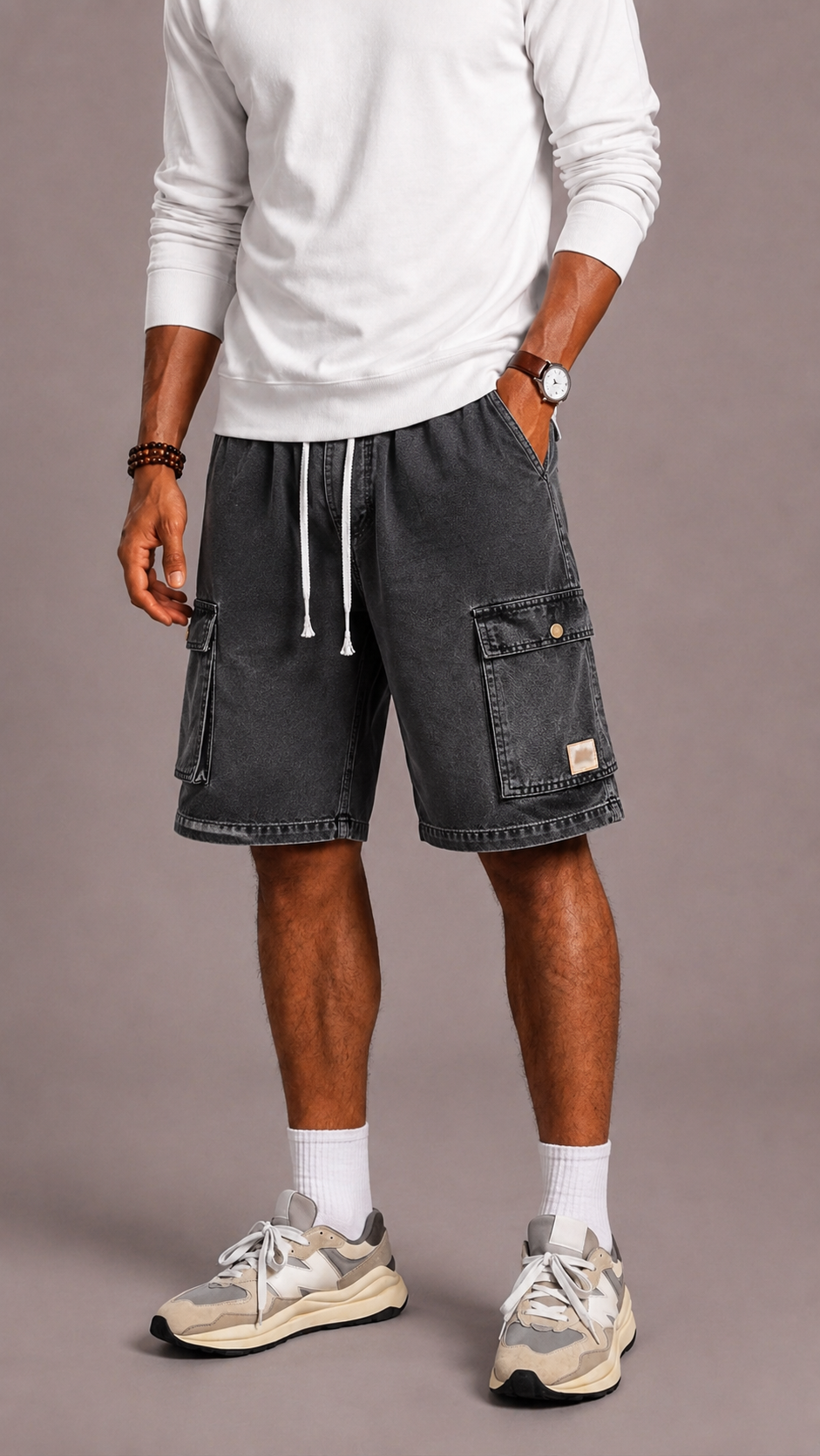 Men's Denim Cargo Shorts with Elastic Waistband