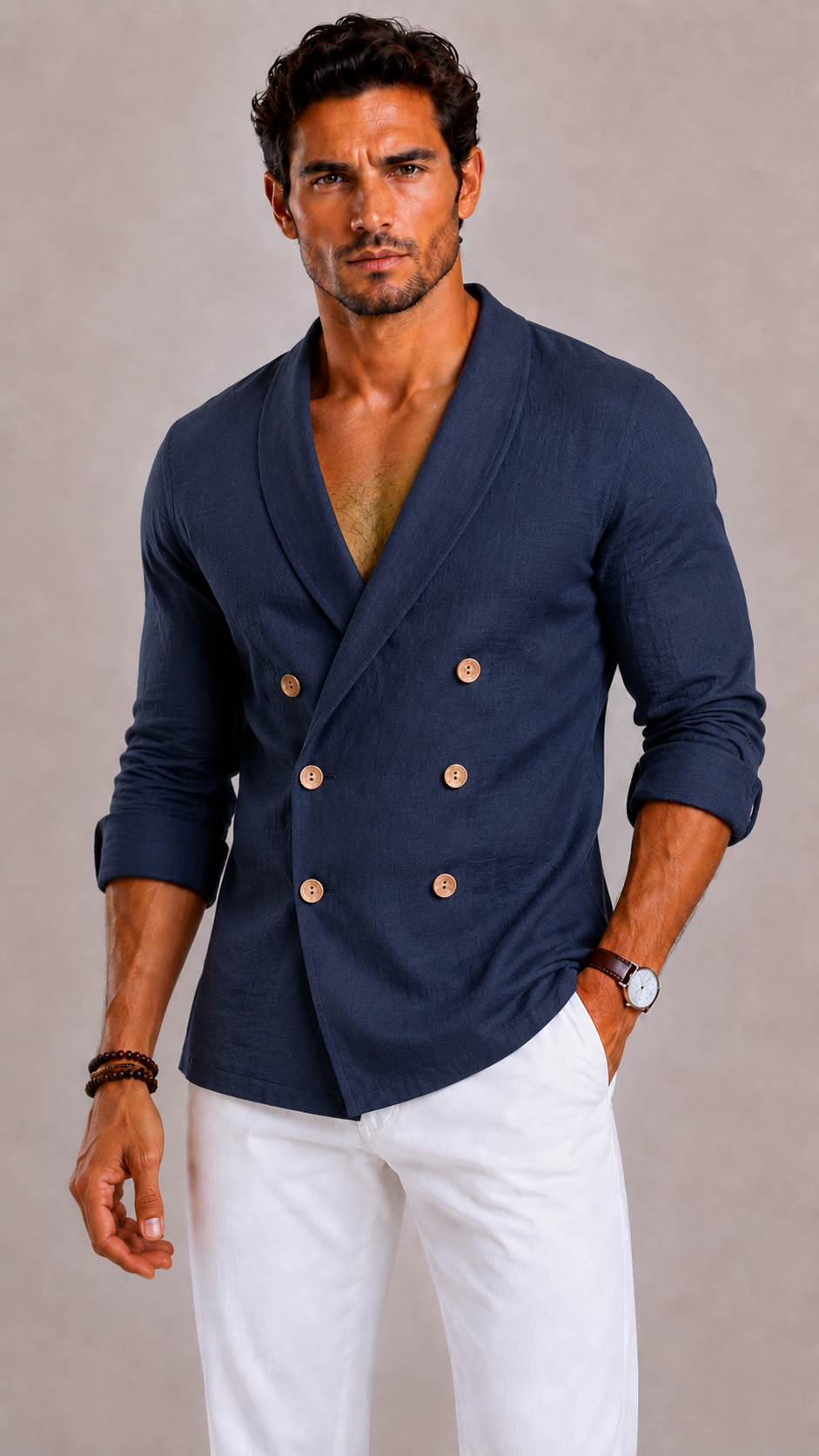 Men's Double-Breasted Blazer with Wooden Buttons