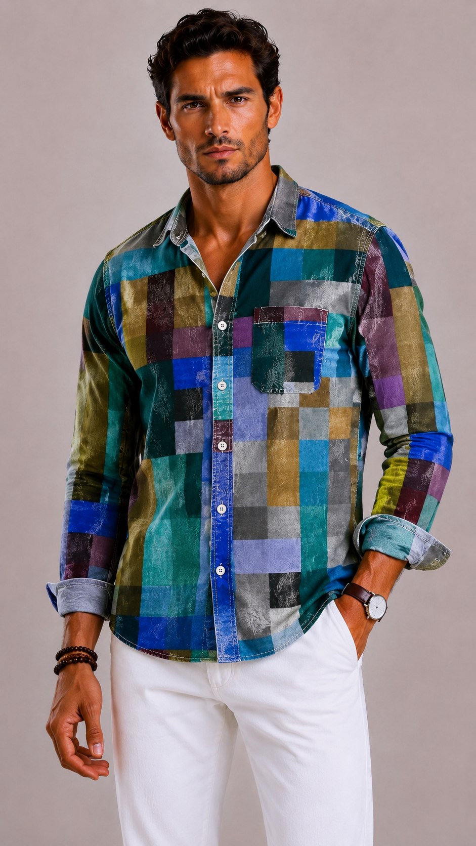 Men's Patchwork Shirt with Long Sleeves and Patchwork Pattern