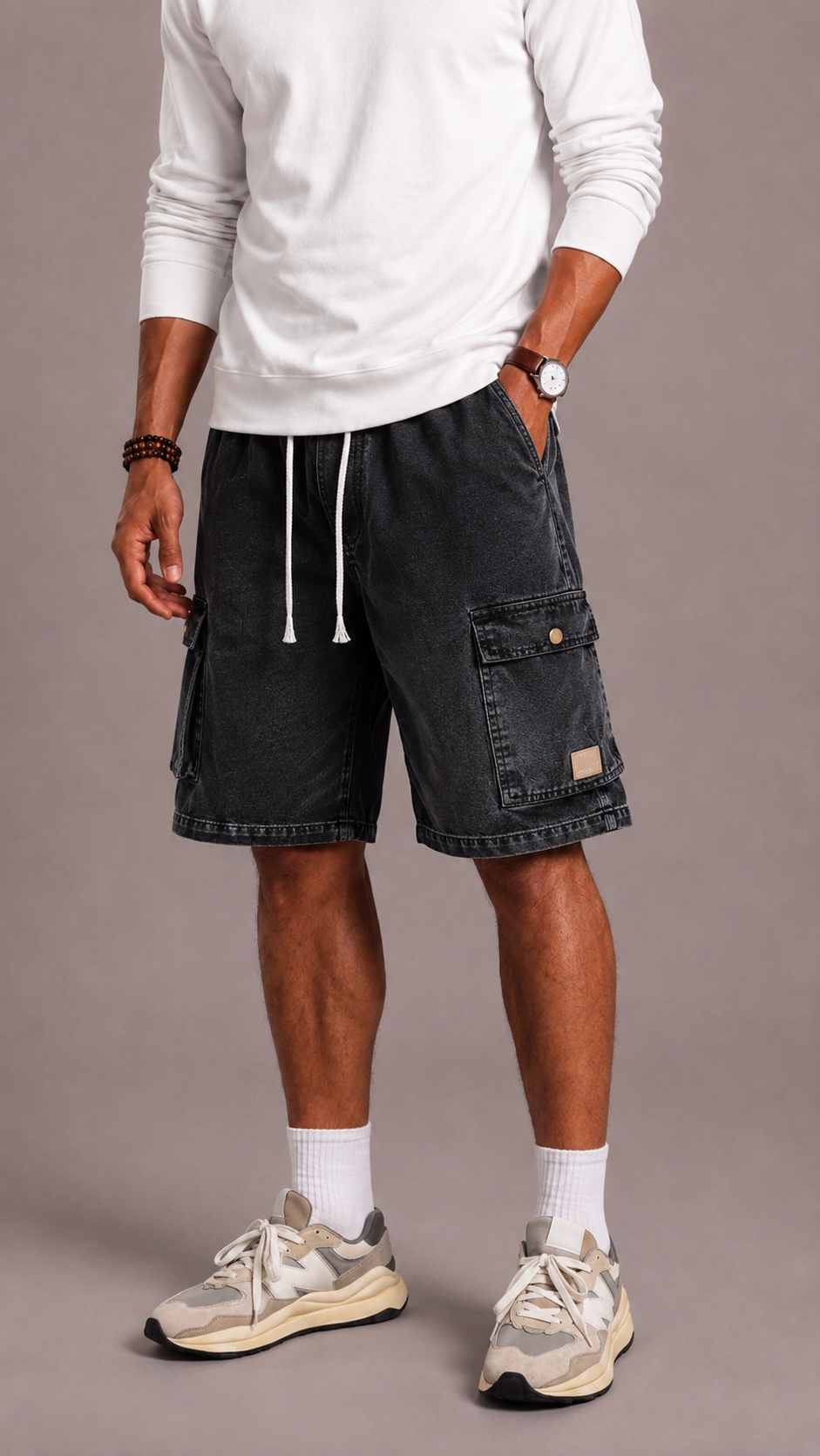 Men's Denim Cargo Shorts with Elastic Waistband