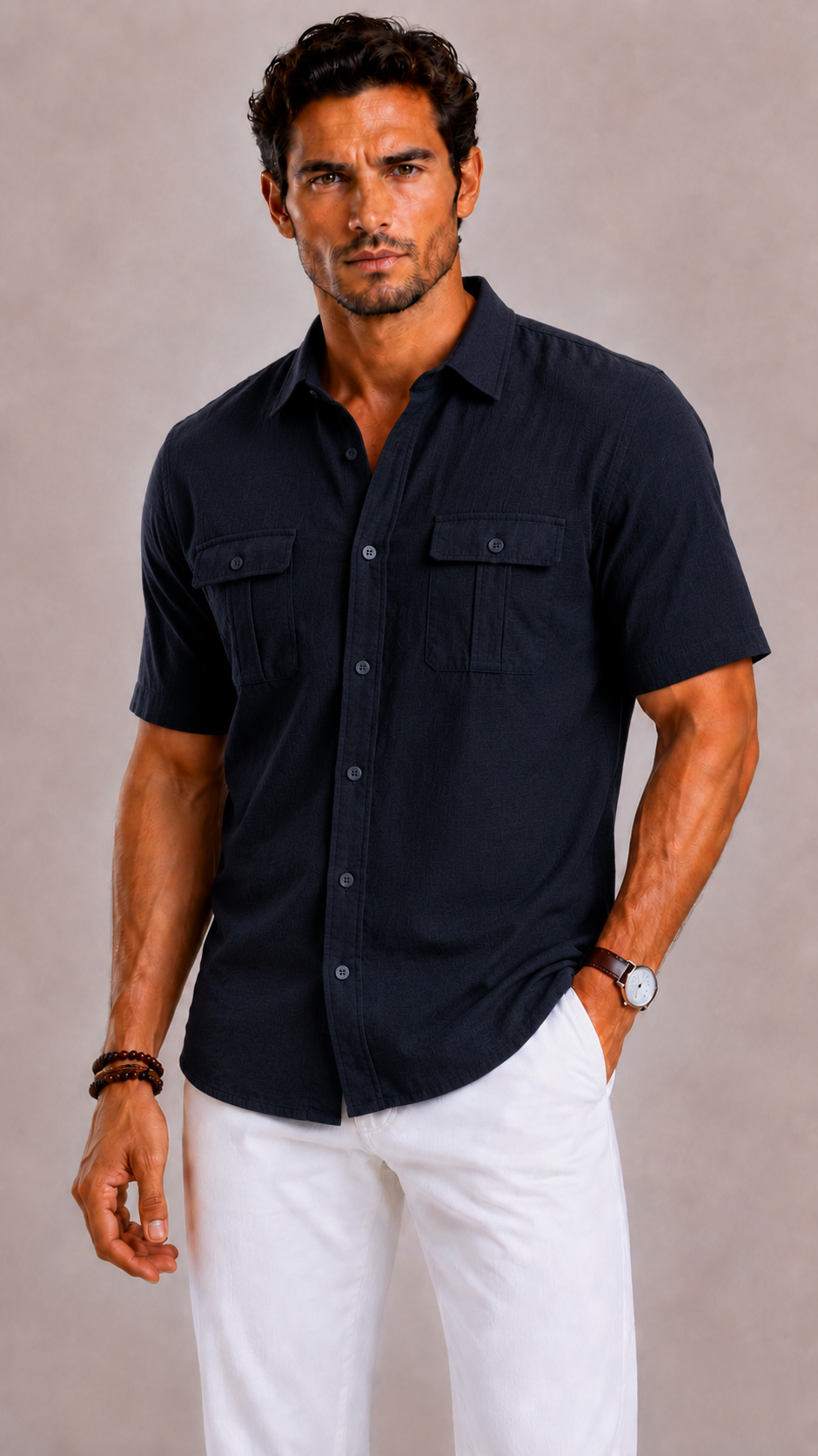Men's Short Sleeve Shirt with Double Chest Pockets
