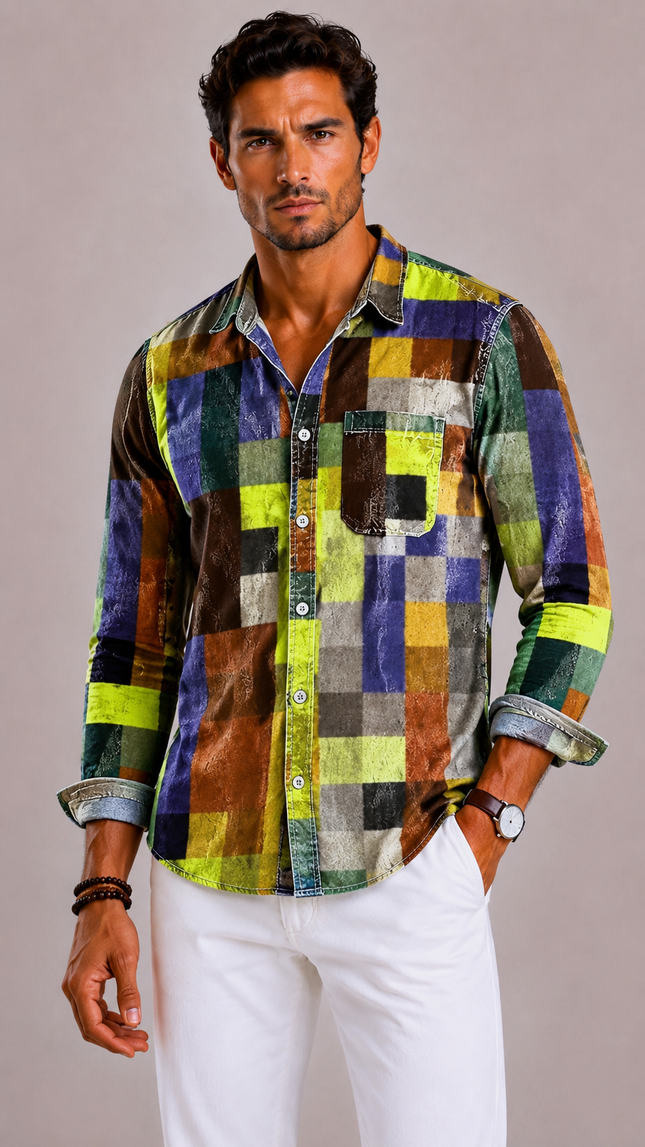 Men's Patchwork Shirt with Long Sleeves and Patchwork Pattern