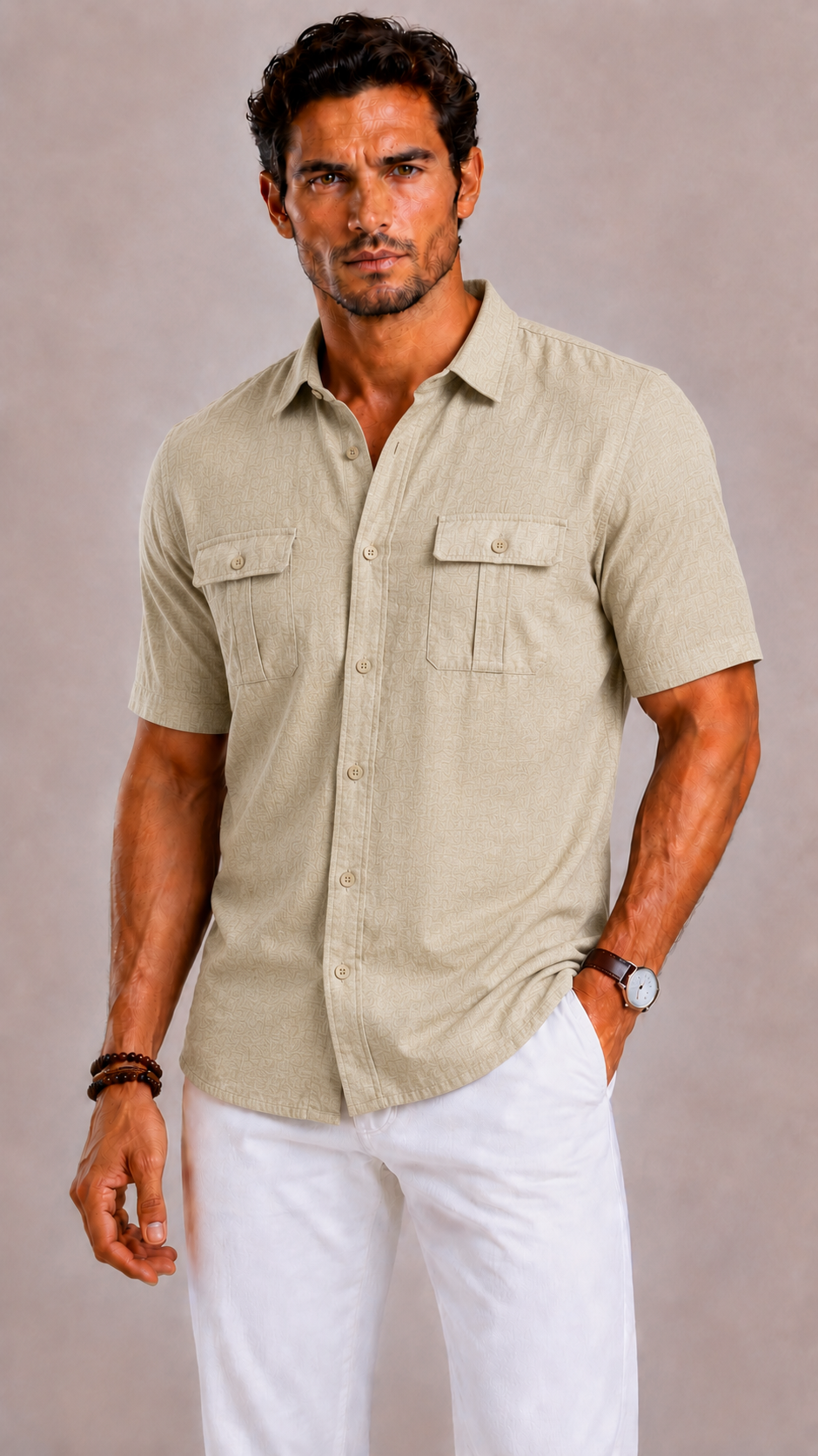 Men's Short Sleeve Shirt with Double Chest Pockets