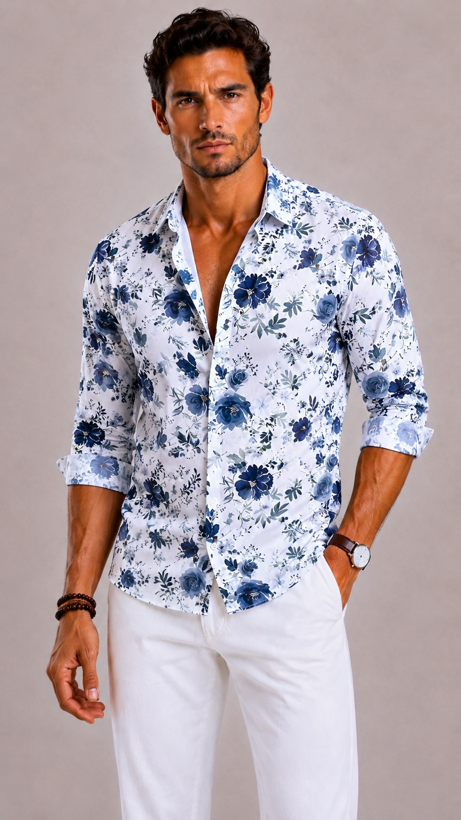 Men's Shirt with Floral Print and Long Sleeves