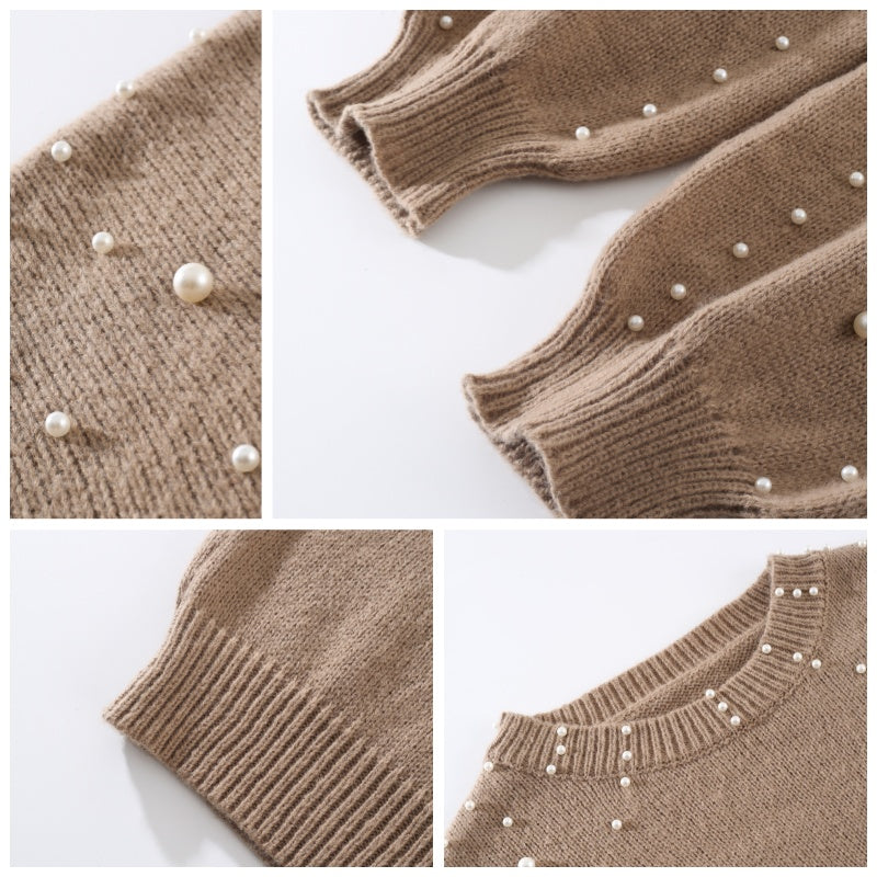 Pearl-Embellished Women's Jumper with Puff Sleeves