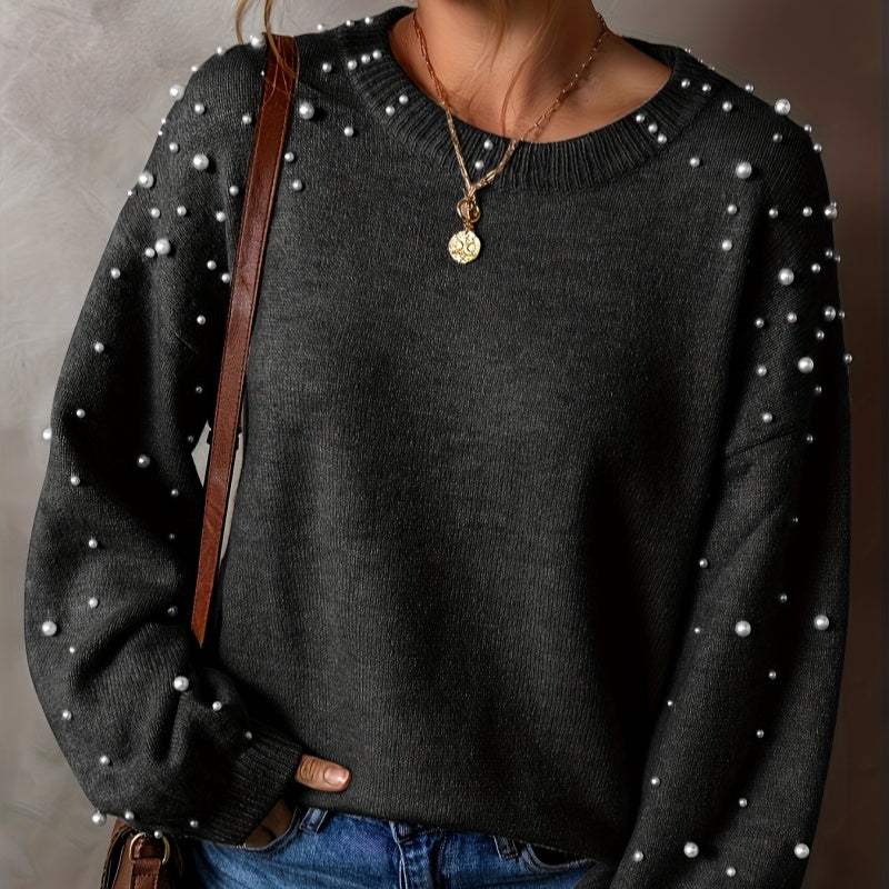 Pearl-Embellished Women's Jumper with Puff Sleeves