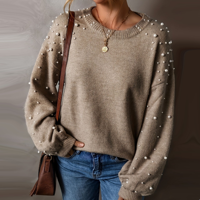 Pearl-Embellished Women's Jumper with Puff Sleeves