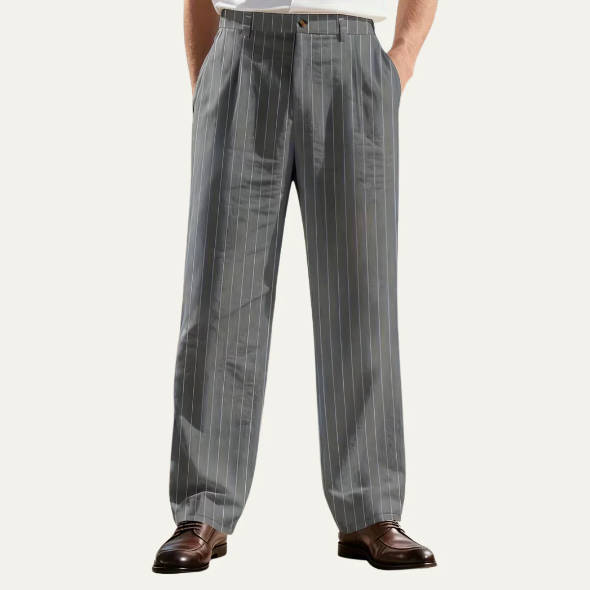 The Freycinet Men’s Lightweight Smart Casual White Pinstripe Dress Trousers