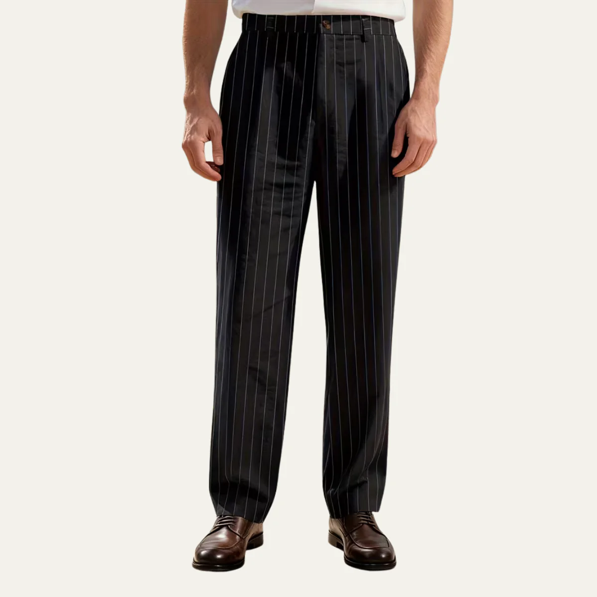 The Freycinet Men’s Lightweight Smart Casual White Pinstripe Dress Trousers
