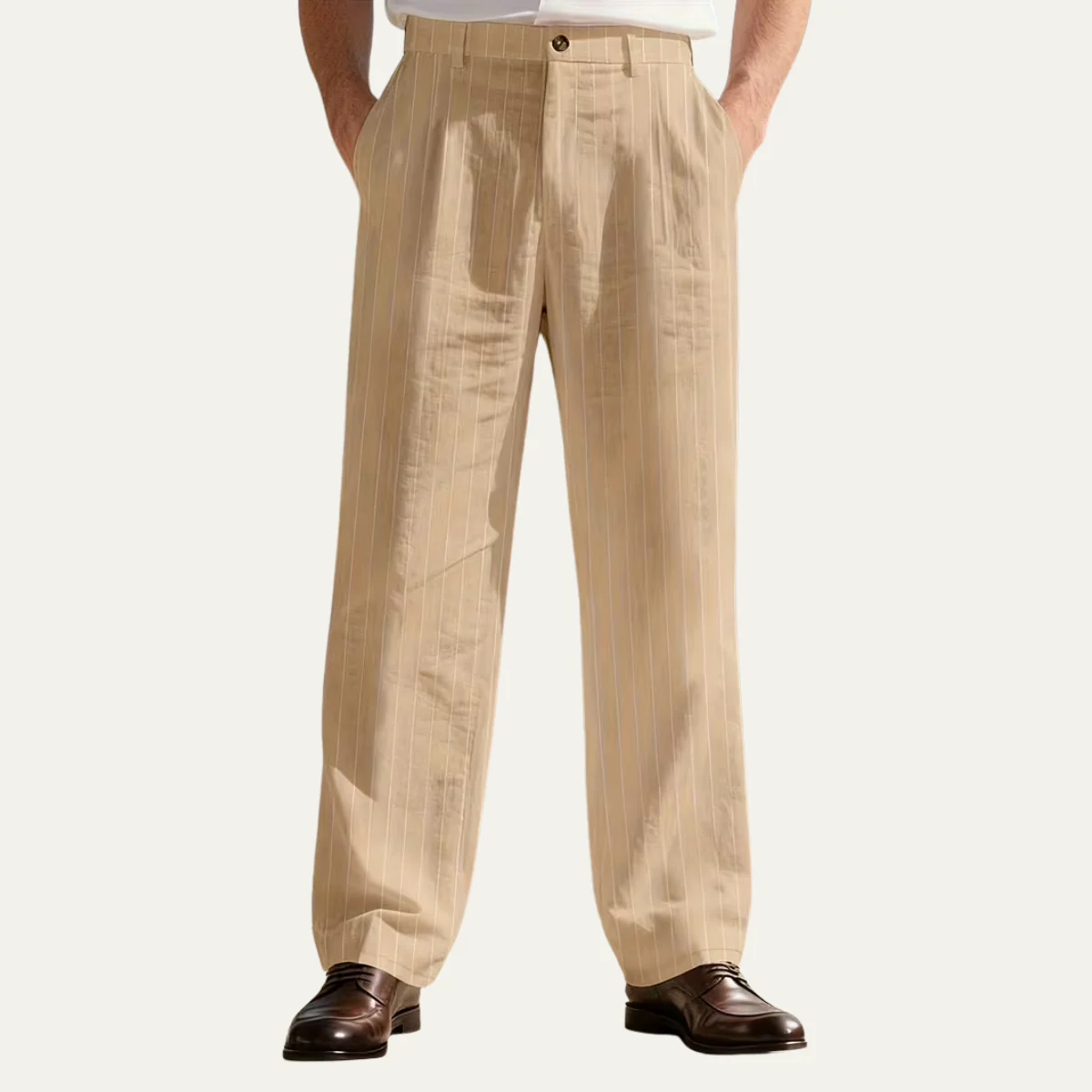 The Freycinet Men’s Lightweight Smart Casual White Pinstripe Dress Trousers