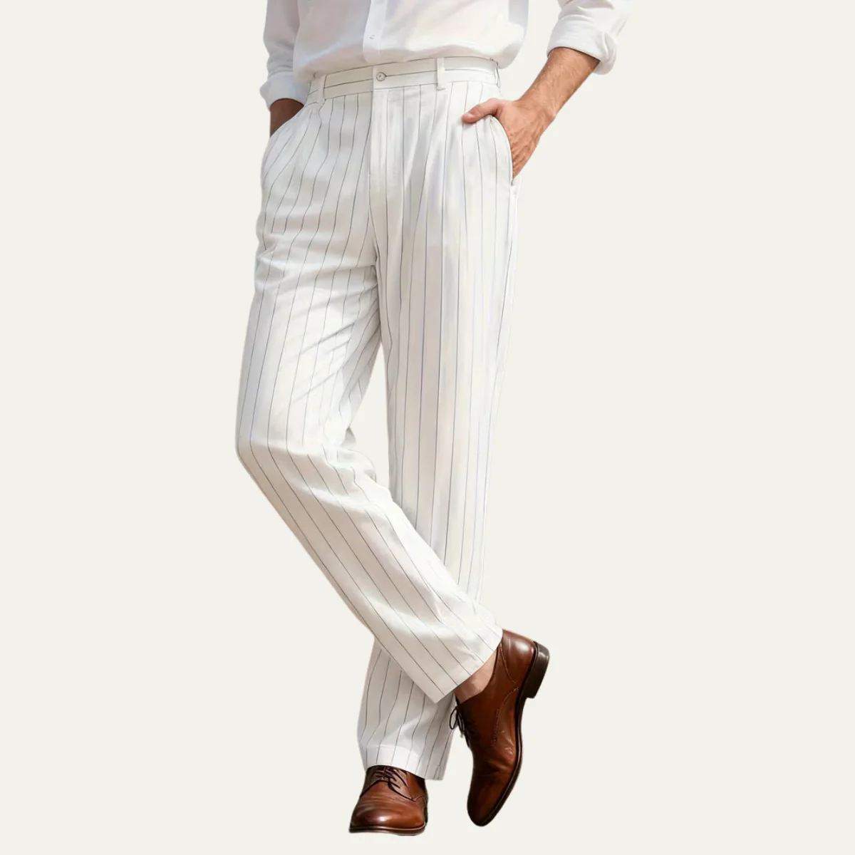 The Freycinet Men’s Lightweight Smart Casual White Pinstripe Dress Trousers
