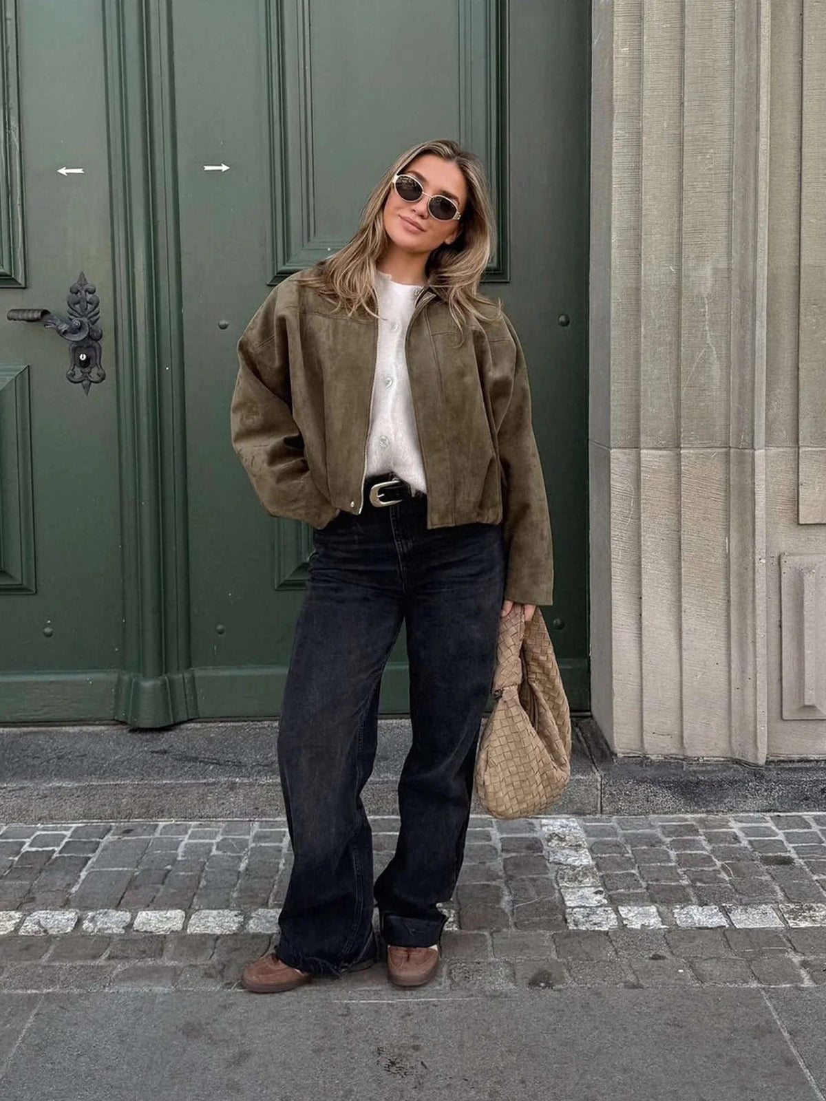 Bomber Jacket for Women in Suede with Ribbed Cuffs
