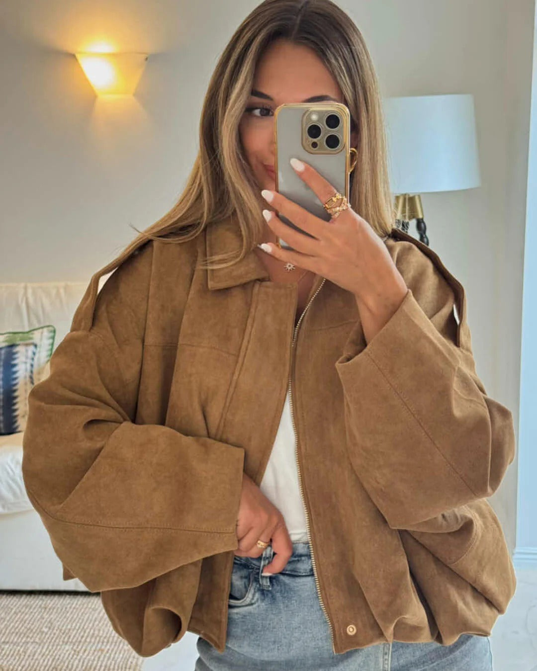 Bomber Jacket for Women in Suede with Ribbed Cuffs