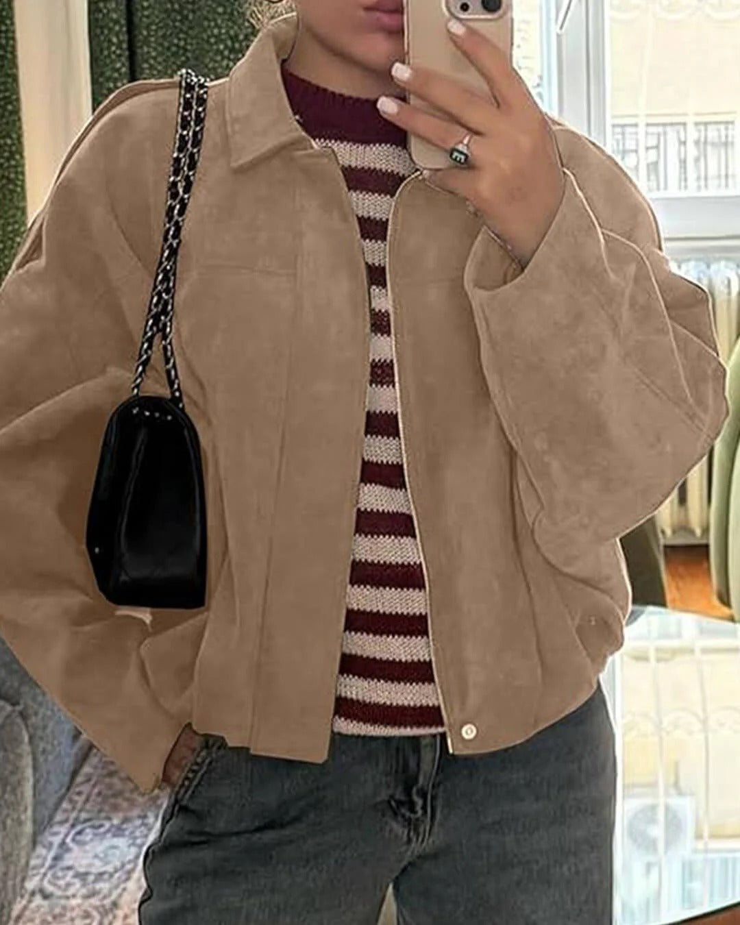 Bomber Jacket for Women in Suede with Ribbed Cuffs