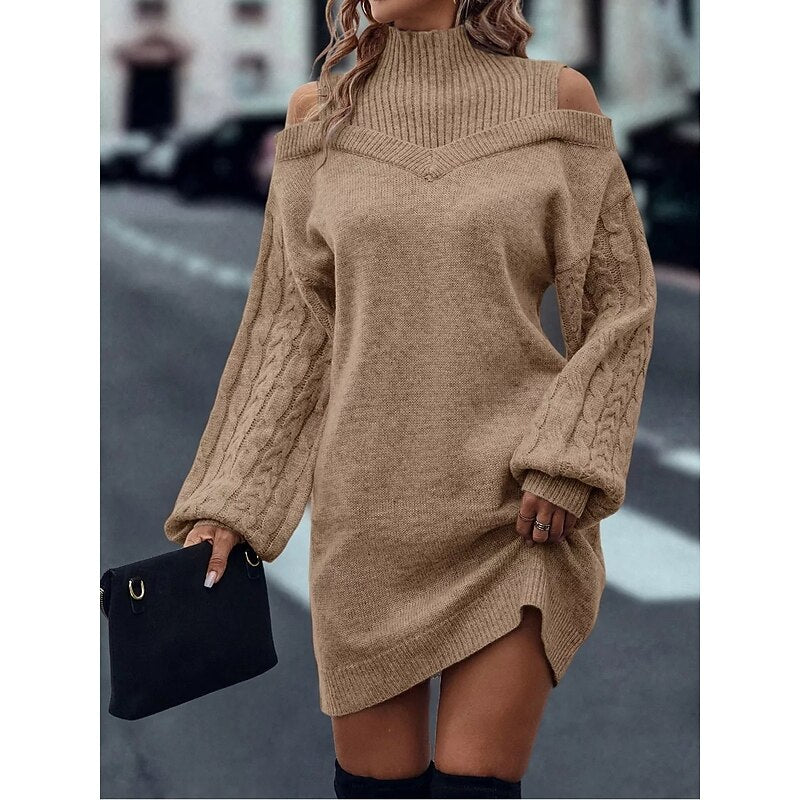 Everly | Turtleneck Sweater Dress with Cold Shoulder Design