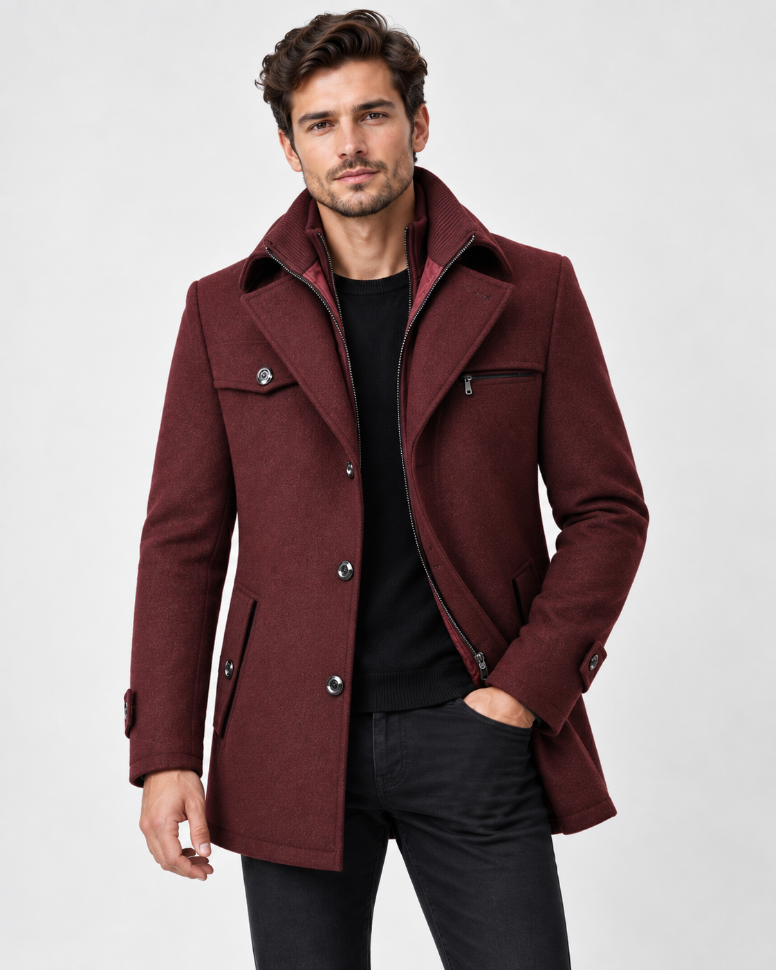 Warm Winter Coat for Men with Textured Collar for Cold Days