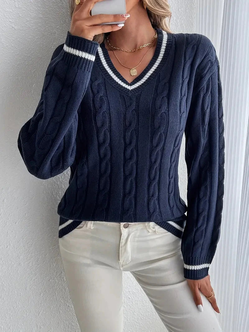V-Neck Cable Knit Sweater for Women