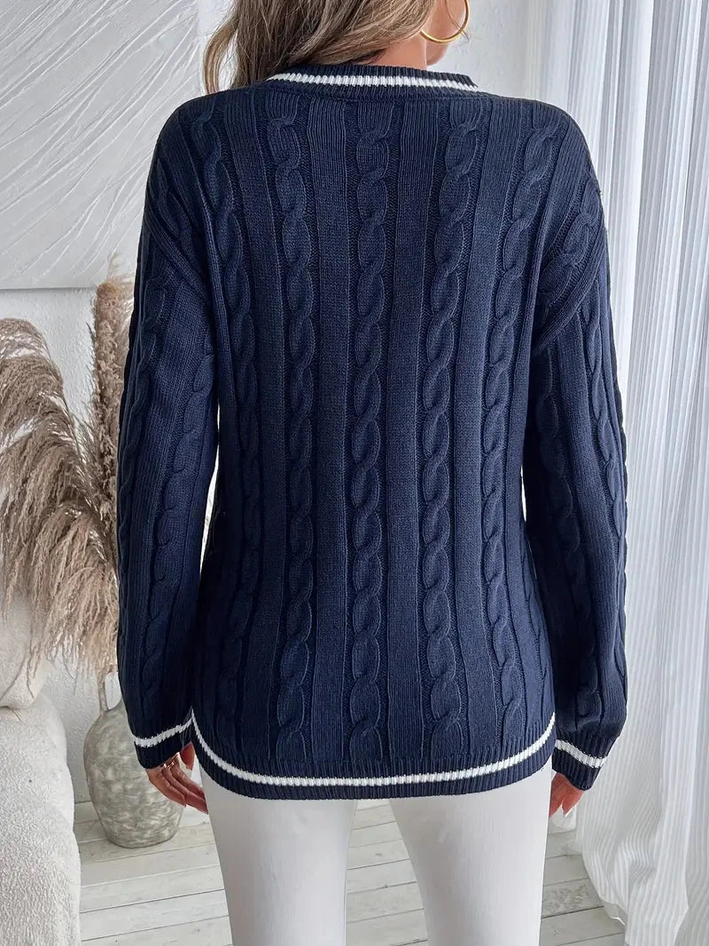 V-Neck Cable Knit Sweater for Women