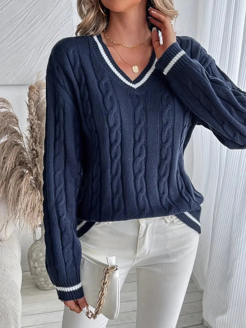 V-Neck Cable Knit Sweater for Women