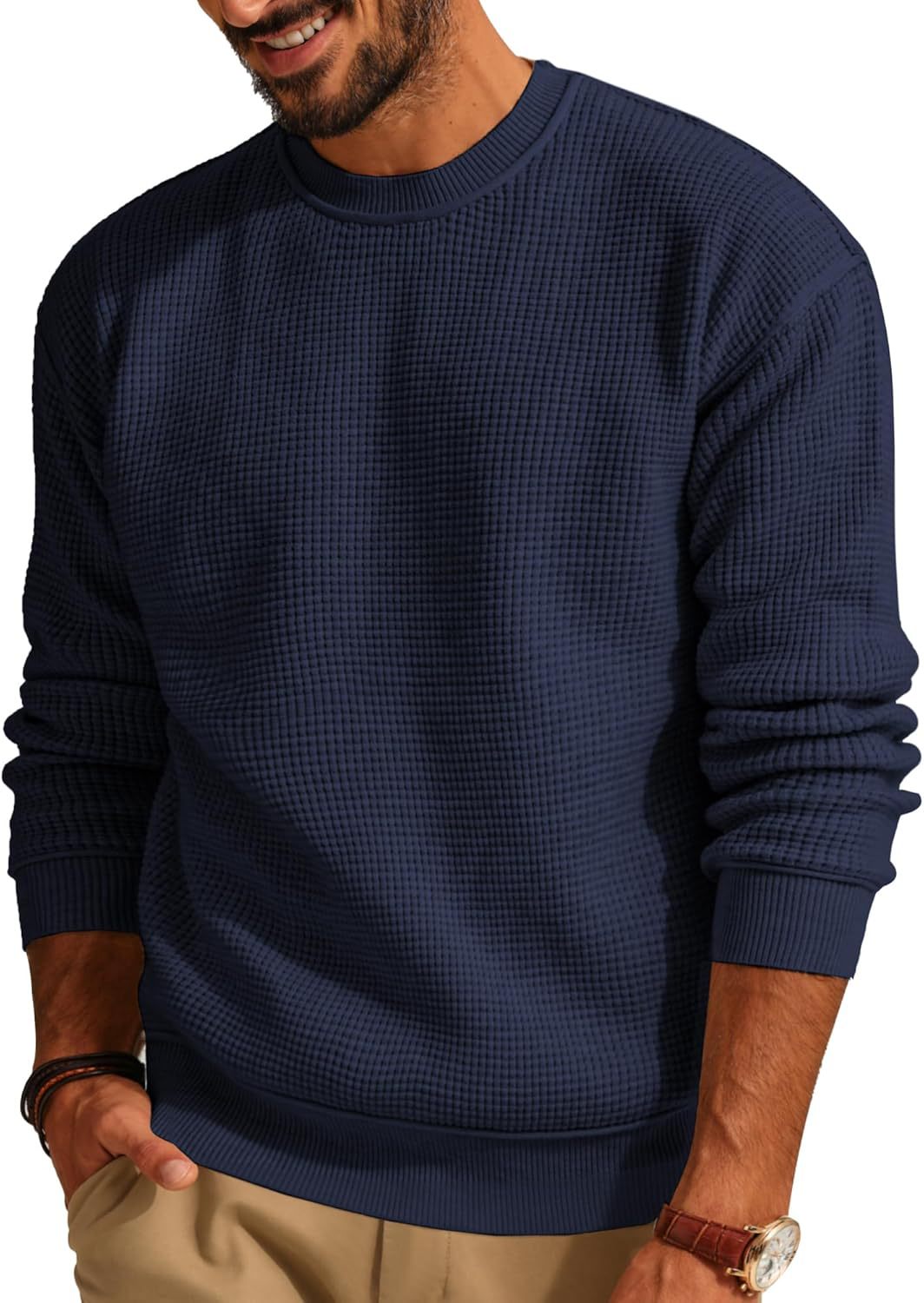 Men's Waffle Knit Crew Neck Sweater