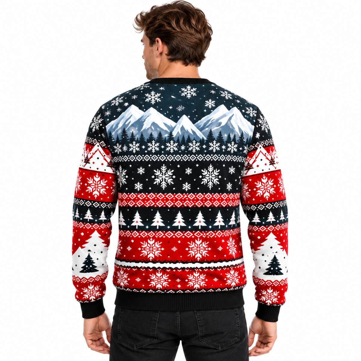 Men's Christmas Sweater featuring Santa Claus, Snowman, and Snow-Covered Trees Print, Round Neck, Straight Fit, and Ribbed Cuffs