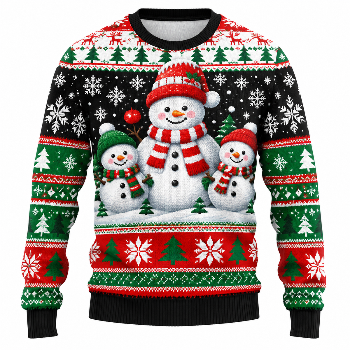 Men's Christmas Sweater featuring Santa Claus, Snowman, and Snow-Covered Trees Print, Round Neck, Straight Fit, and Ribbed Cuffs
