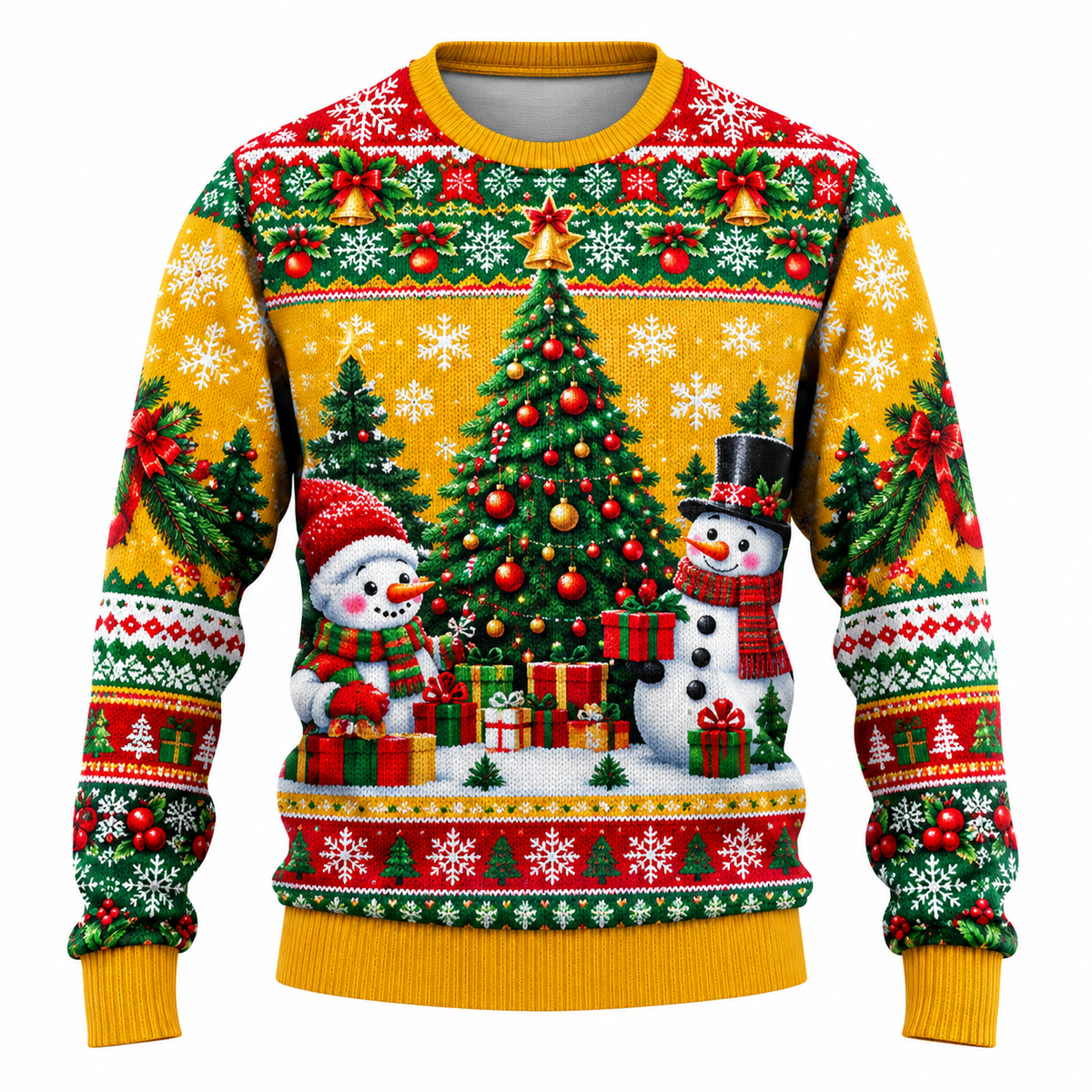 Men's Christmas Sweater featuring Santa Claus, Snowman, and Snow-Covered Trees Print, Round Neck, Straight Fit, and Ribbed Cuffs