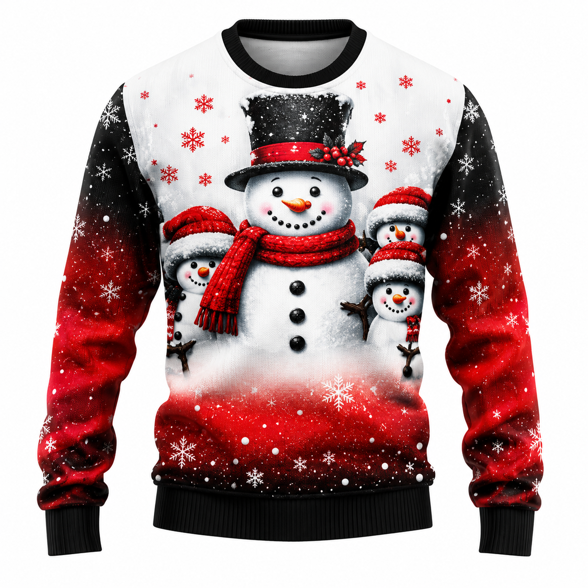 Men's Christmas Sweater featuring Santa Claus, Snowman, and Snow-Covered Trees Print, Round Neck, Straight Fit, and Ribbed Cuffs