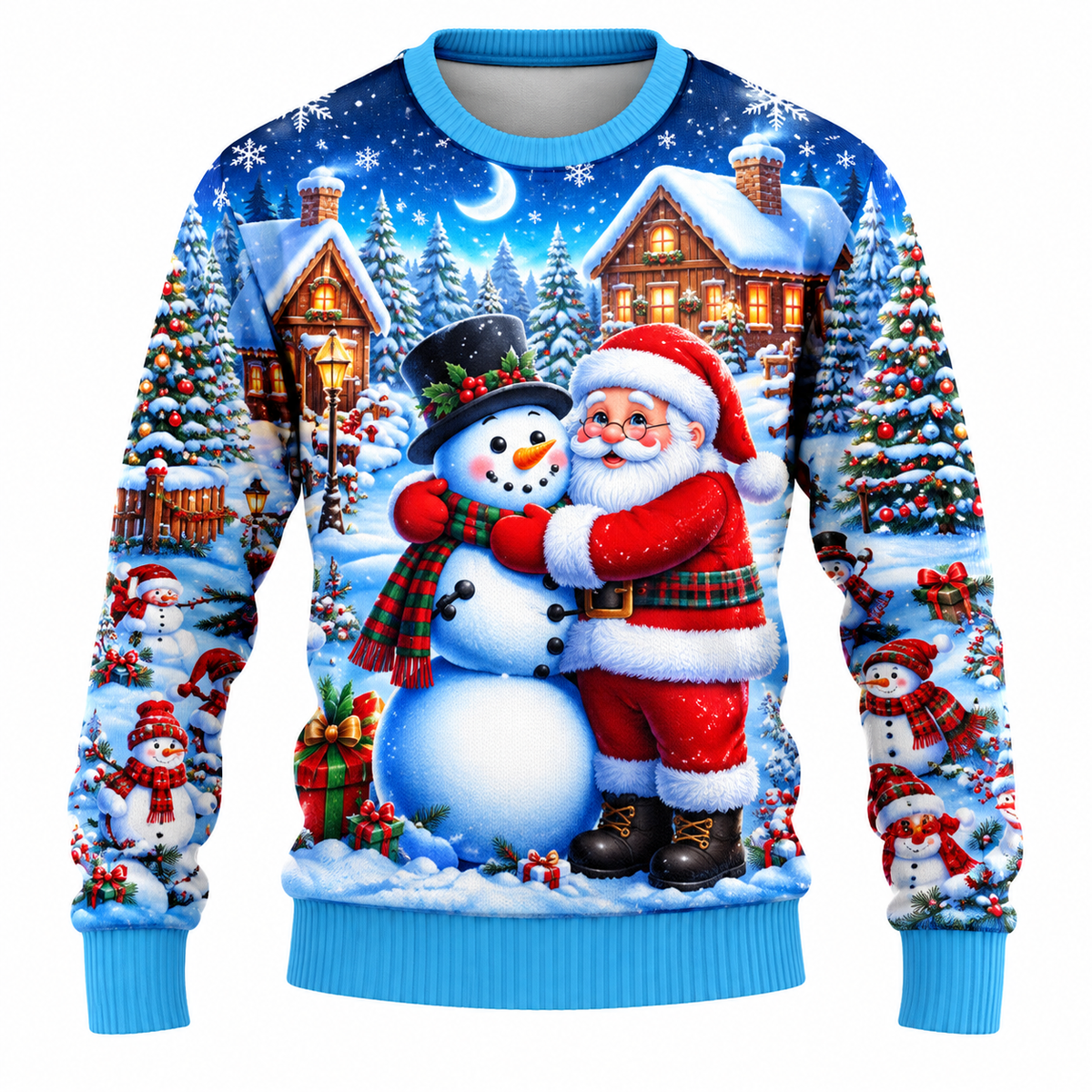 Men's Christmas Sweater featuring Santa Claus, Snowman, and Snow-Covered Trees Print, Round Neck, Straight Fit, and Ribbed Cuffs