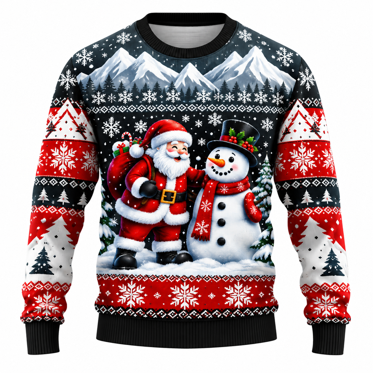 Men's Christmas Sweater featuring Santa Claus, Snowman, and Snow-Covered Trees Print, Round Neck, Straight Fit, and Ribbed Cuffs