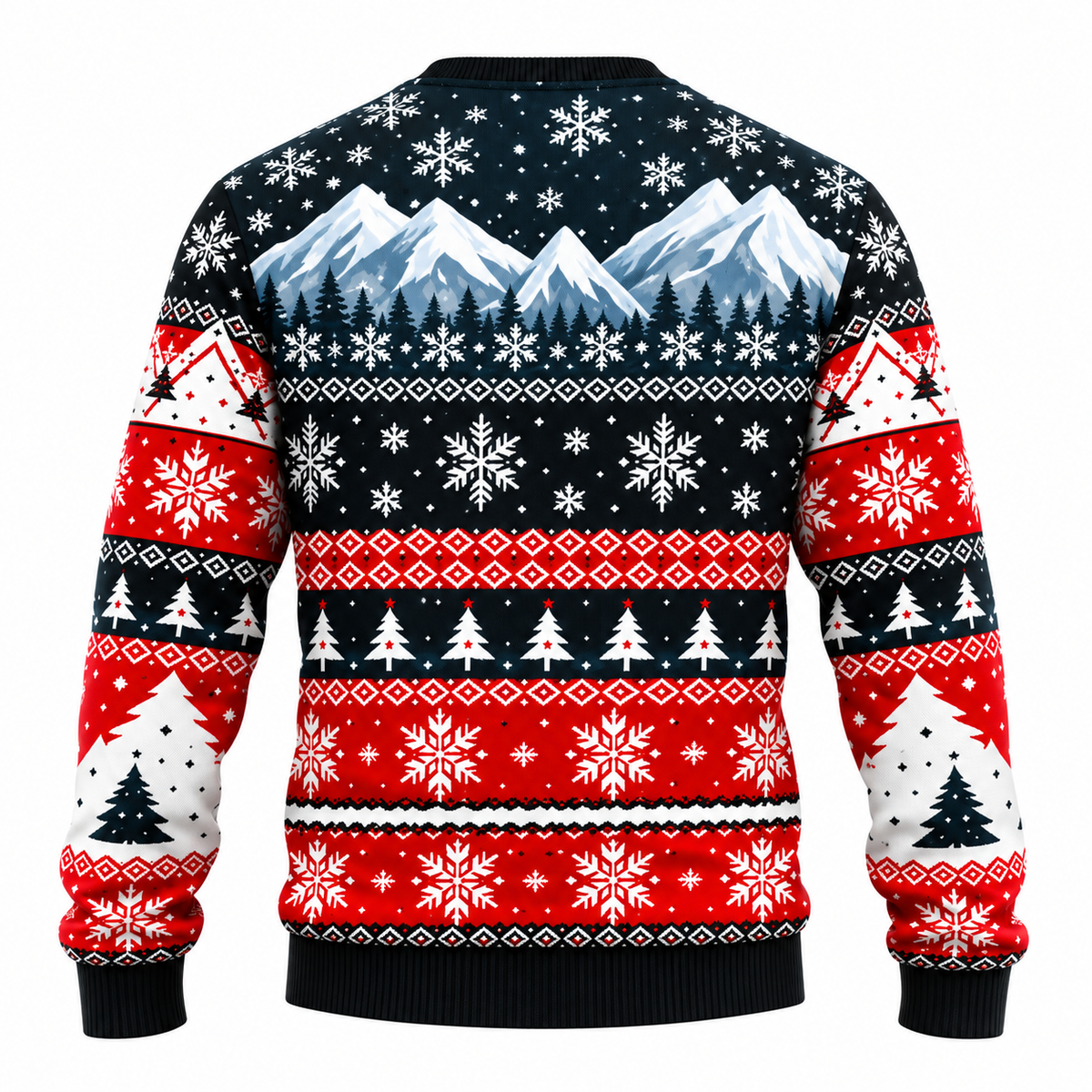 Men's Christmas Sweater featuring Santa Claus, Snowman, and Snow-Covered Trees Print, Round Neck, Straight Fit, and Ribbed Cuffs