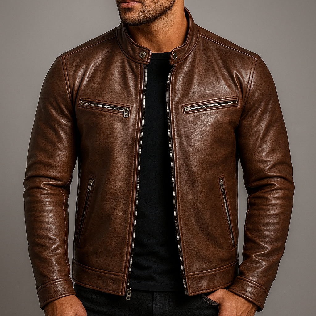 Classic Leather Jacket with Stand-Up Collar and Zipped Pockets for Men