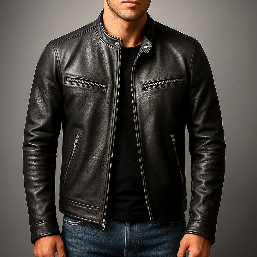 Classic Leather Jacket with Stand-Up Collar and Zipped Pockets for Men
