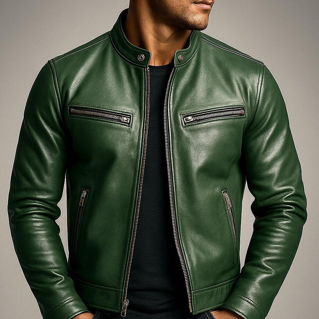 Classic Leather Jacket with Stand-Up Collar and Zipped Pockets for Men