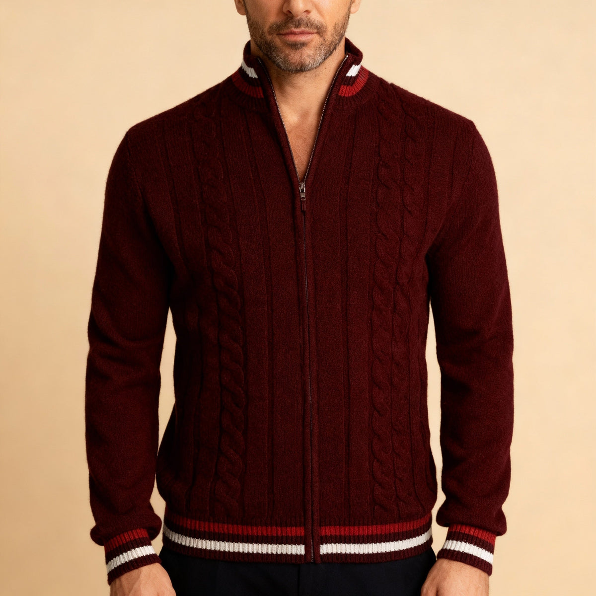 Classic Cable Knit Jumper with Half-Zip and Contrast Trim for Men