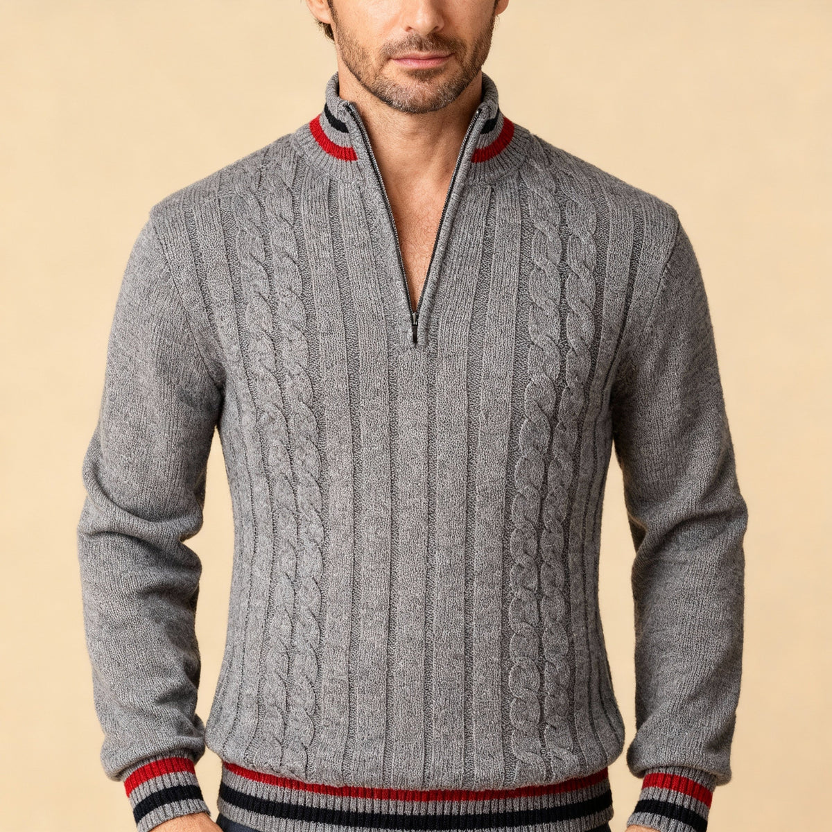 Classic Cable Knit Jumper with Half-Zip and Contrast Trim for Men