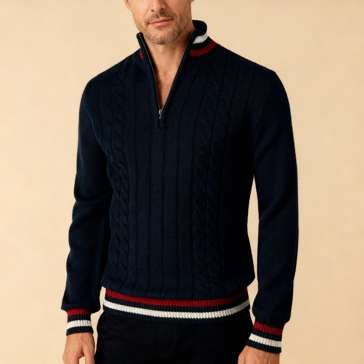 Classic Cable Knit Jumper with Half-Zip and Contrast Trim for Men
