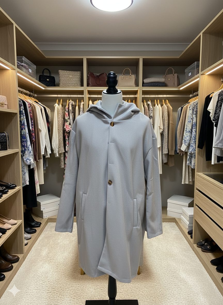 Womens Hooded Long Coat with Button Closure