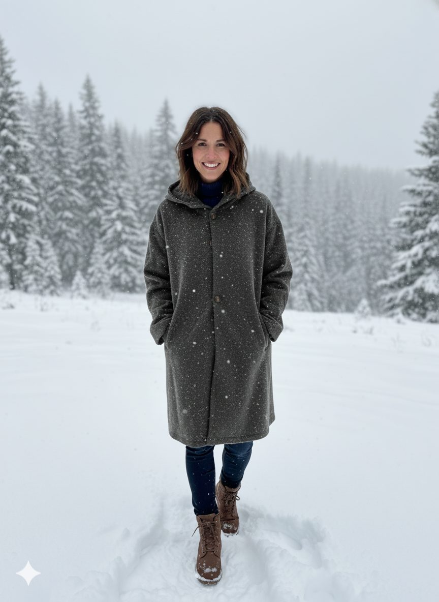 Womens Hooded Long Coat with Button Closure