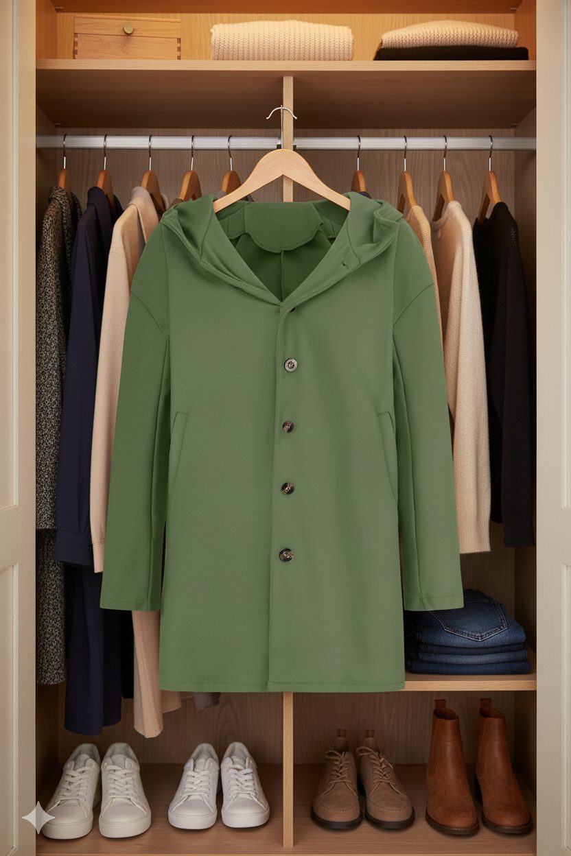 Womens Hooded Long Coat with Button Closure