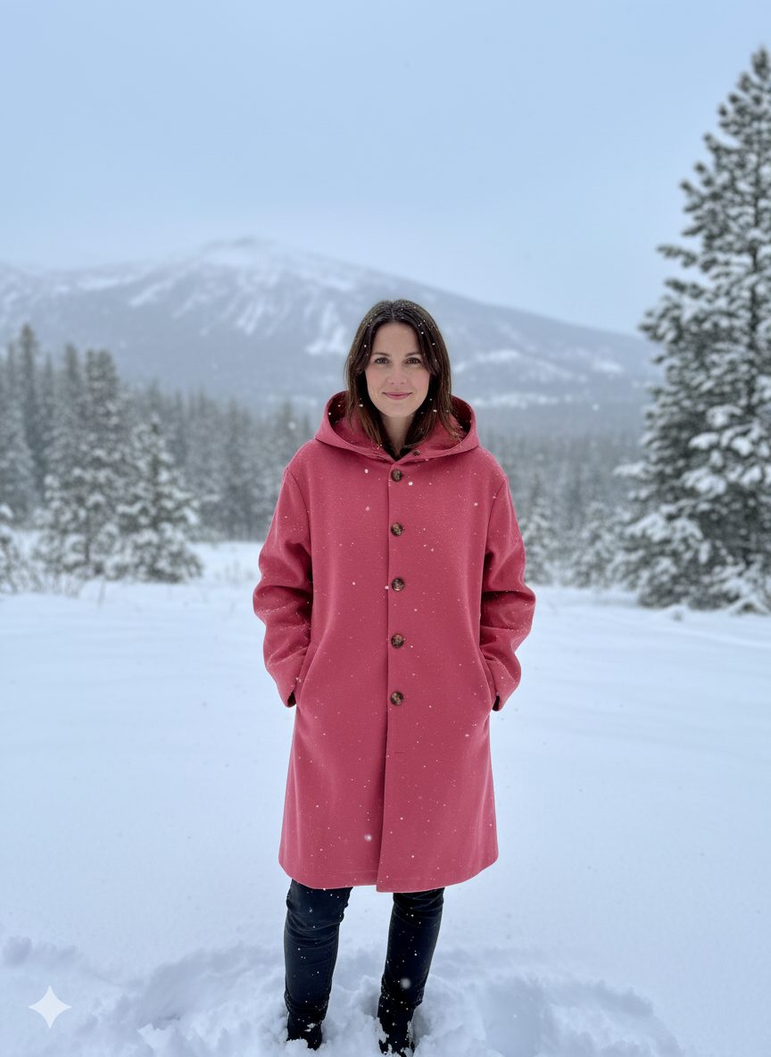 Womens Hooded Long Coat with Button Closure