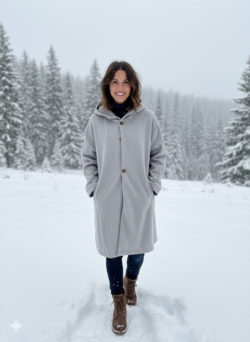 Womens Hooded Long Coat with Button Closure