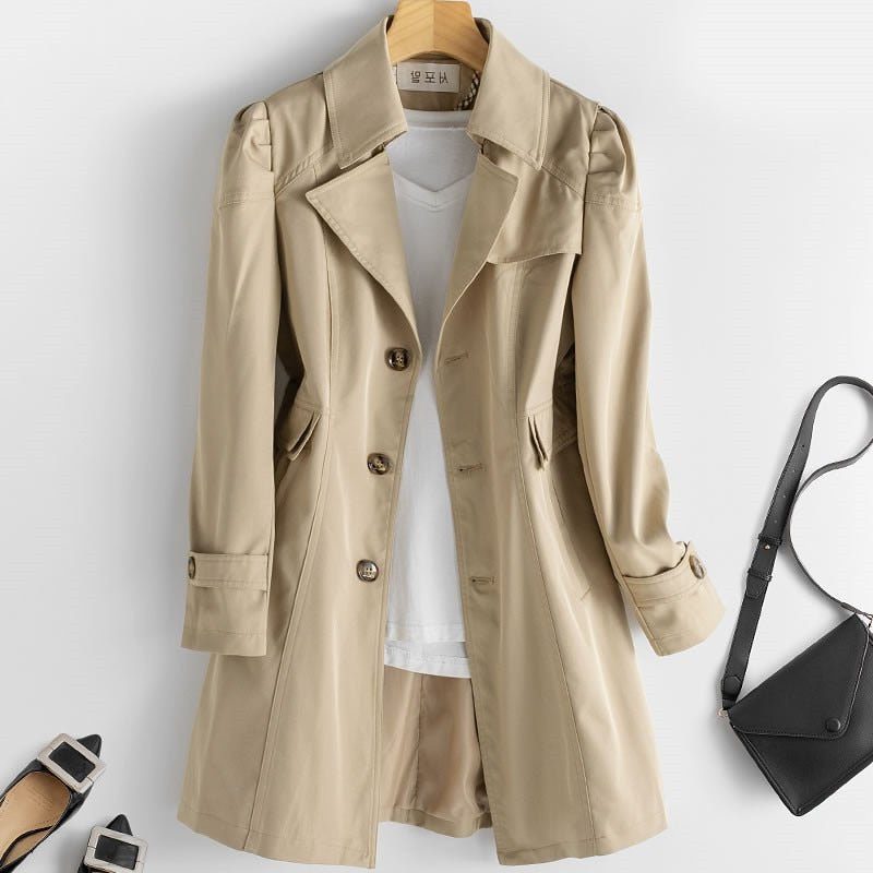 Women's Long Coat with Oversized Collar and Button Closure