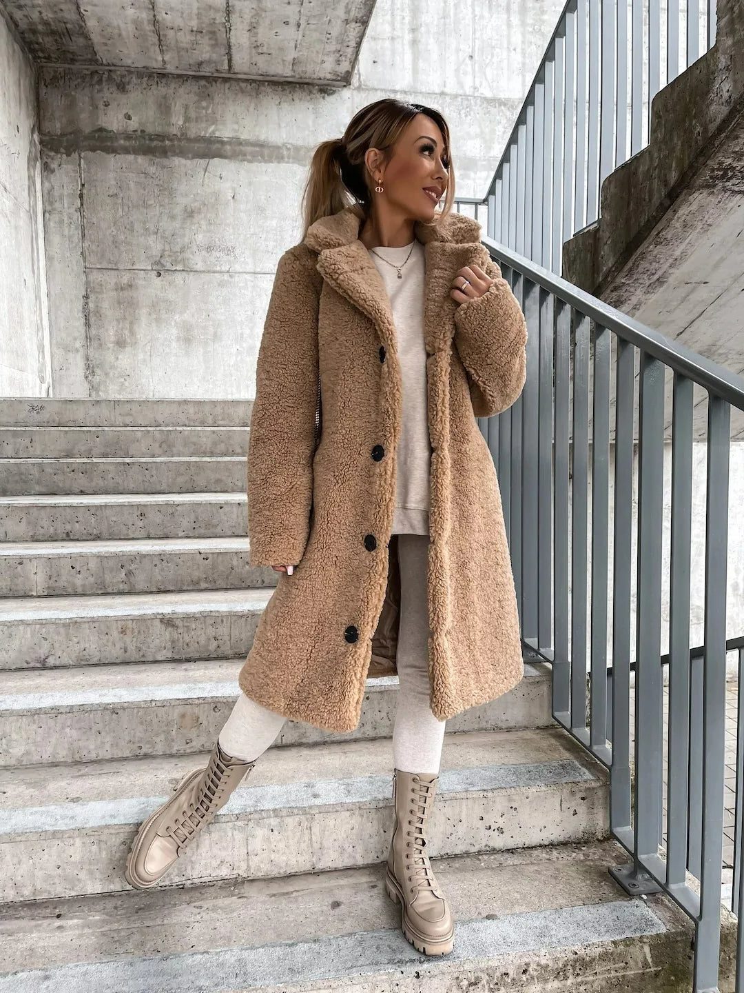 Women's Long Teddy Trench Coat with Button Closure