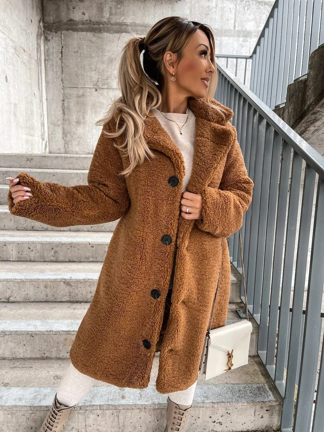 Women's Long Teddy Trench Coat with Button Closure