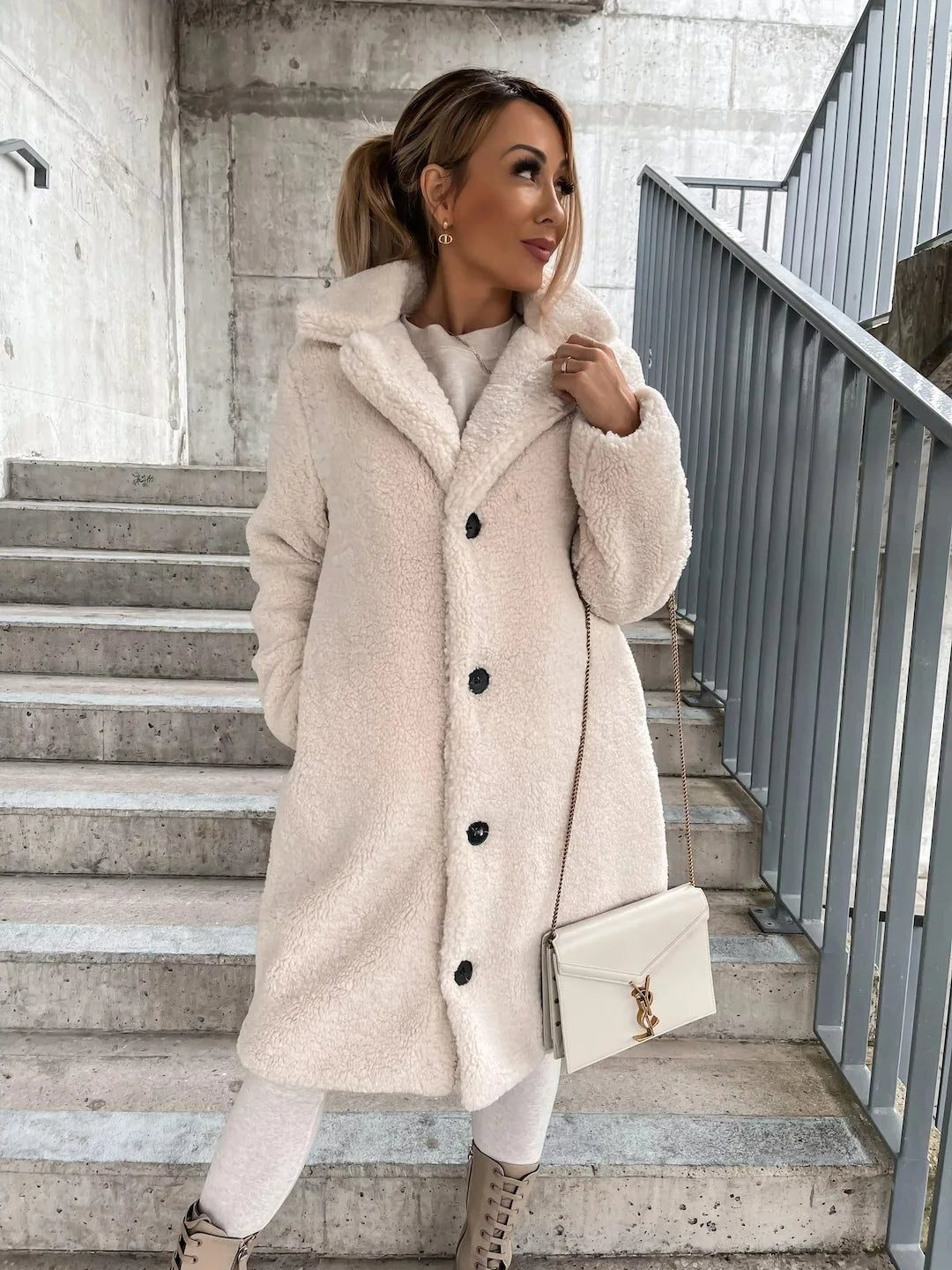 Women's Long Teddy Trench Coat with Button Closure